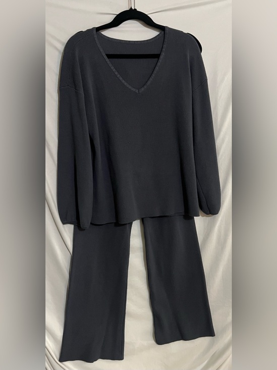 Amazon Other - Amazon Blue Ribbed V‑Neck Top and Wide‑Leg Pants Set